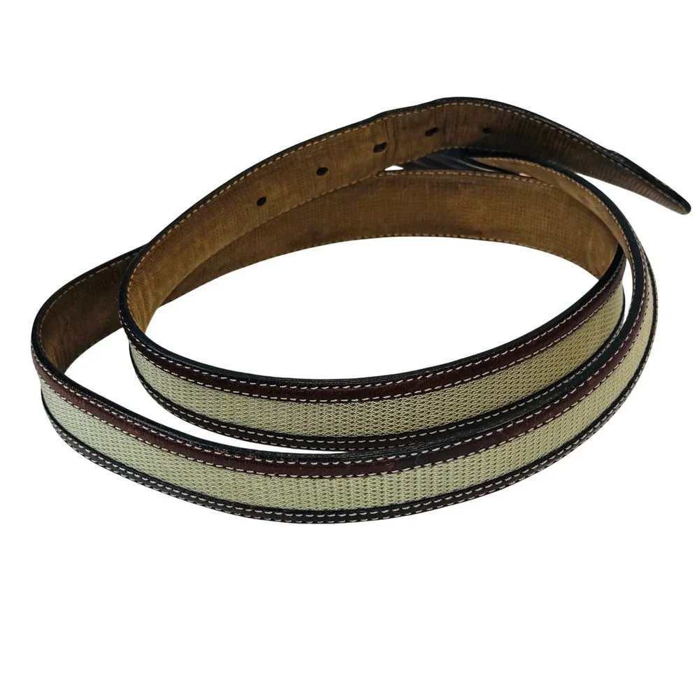Tommy Bahama Leather Canvas Belt Men's Brown‎ Tan Size 44 Spain Classic Casual